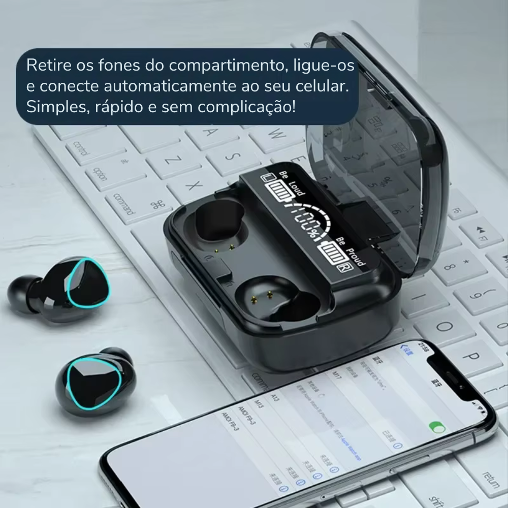 Fone Bluetooth com Microfone, Estojo Carregador e Tela LED – Som Potente e Conexão Sem Fio