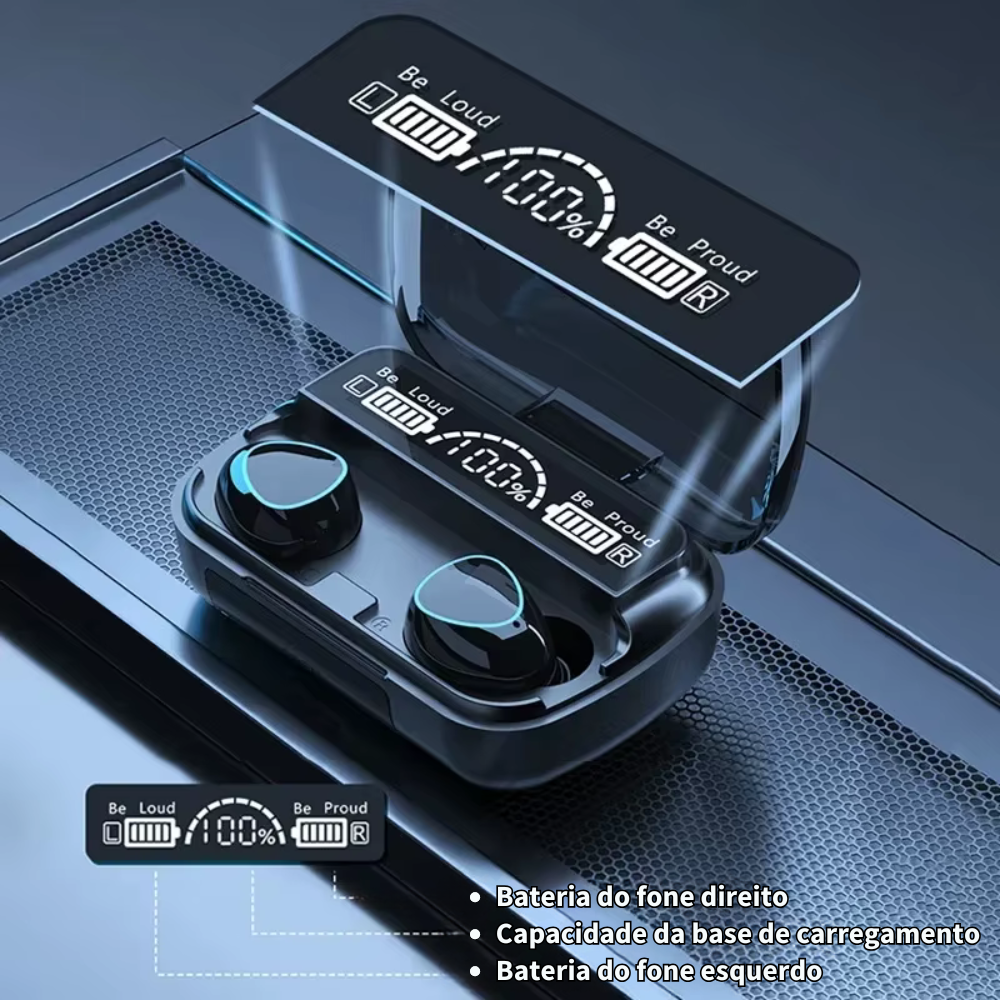 Fone Bluetooth com Microfone, Estojo Carregador e Tela LED – Som Potente e Conexão Sem Fio
