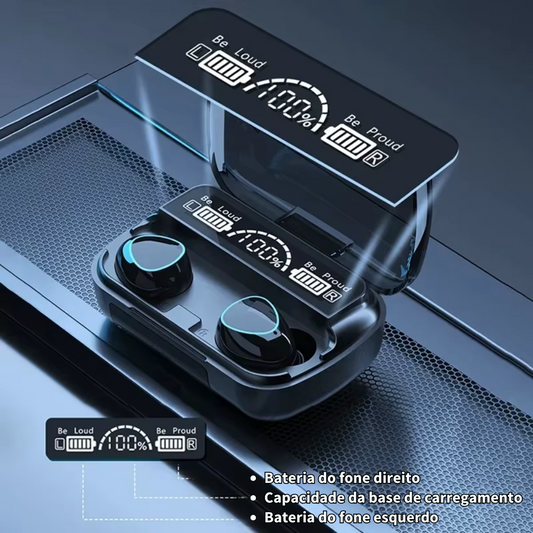 Fone Bluetooth com Microfone, Estojo Carregador e Tela LED – Som Potente e Conexão Sem Fio